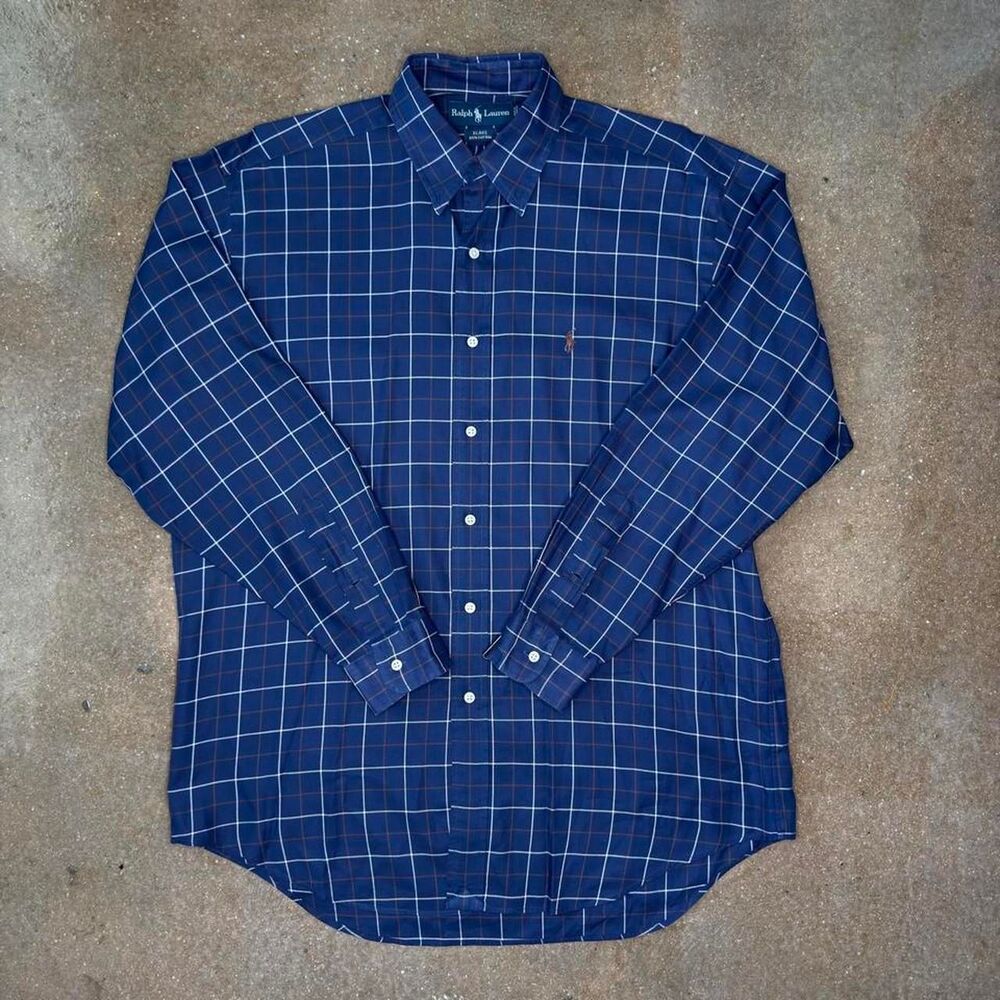 Ralph Lauren Blake Button Up Shirt Mens Medium Navy Windowpane Plaid Cotton